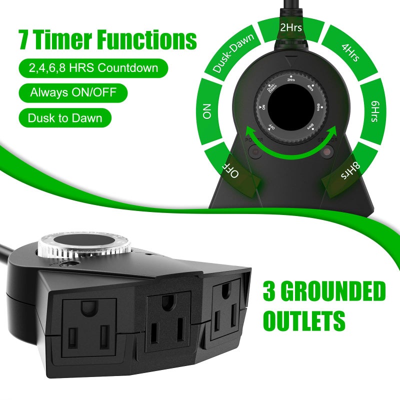 Brightown Outdoor Light Sensor Timer, 24 Hours Heavy Duty Waterproof Outlet Timer with 2, 4, 6 or 8 Hours Countdown Mode, 3 Grounded Electrical Outlet for Home Backyard Garden (2 Pack) - Image 5